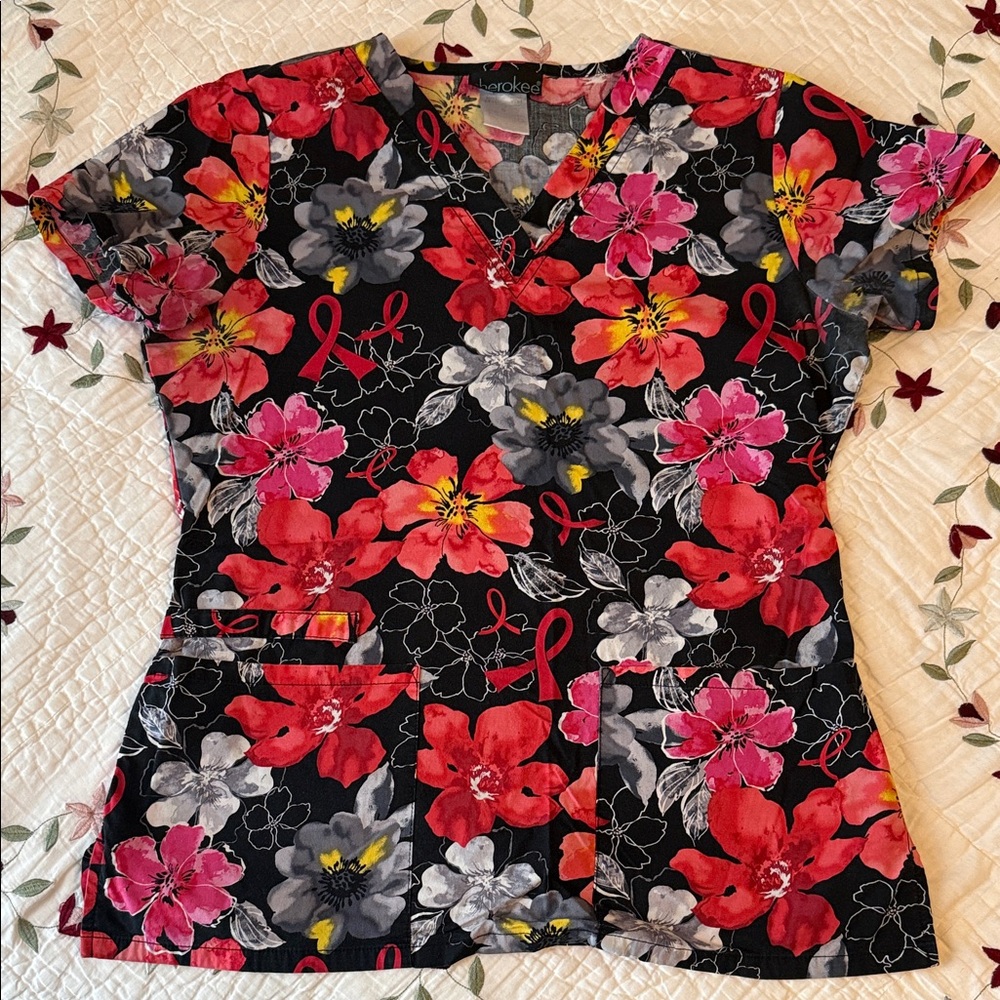Cherokee Women's Floral V-Neck Top - Black, Red, and Pink